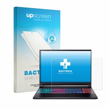 Parte frontal de un envase de producto con el logotipo de la marca upscreen. Al lado se muestra el dispositivo Acer Nitro V16S