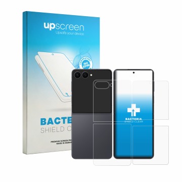 Vorderseite einer Produktverpackung mit dem Markenlogo upscreen. Daneben ist das Gerät Samsung Galaxy Z Flip 8 (Display+Rückse