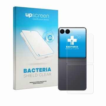 Vorderseite einer Produktverpackung mit dem Markenlogo upscreen. Daneben ist das Gerät Samsung Galaxy Z Flip 8 (Rückseite) mit