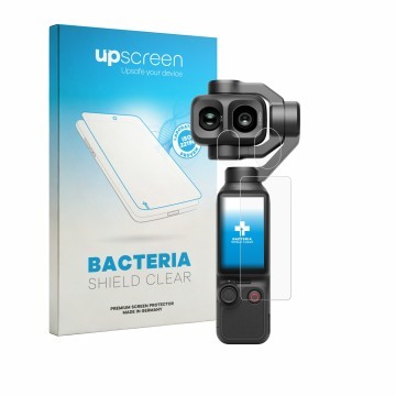 Vorderseite einer Produktverpackung mit dem Markenlogo upscreen. Daneben ist das Gerät DJI Osmo Pocket 4P (Display + Linse) mi