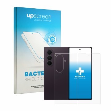 Vorderseite einer Produktverpackung mit dem Markenlogo upscreen. Daneben ist das Gerät Samsung Galaxy Z Fold 8 Ultra (Display+