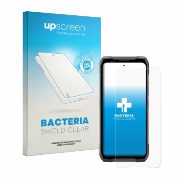 Face avant d’un emballage produit avec le logo de la marque upscreen. À côté, l’appareil Blackview Xplore 6 est représenté ave