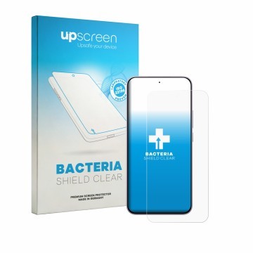 Parte frontal de un envase de producto con el logotipo de la marca upscreen. Al lado se muestra el dispositivo Xiaomi Redmi No