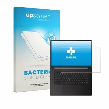 Face avant d’un emballage produit avec le logo de la marque upscreen. À côté, l’appareil Lenovo ThinkPad P1 Gen 9 16