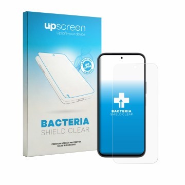 Parte frontal de un envase de producto con el logotipo de la marca upscreen. Al lado se muestra el dispositivo Honor X6e con s