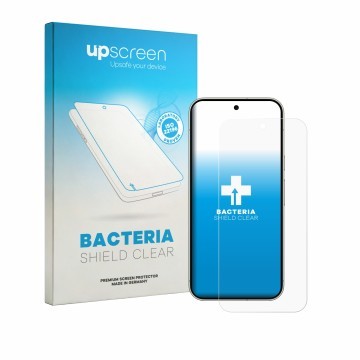 Parte frontal de un envase de producto con el logotipo de la marca upscreen. Al lado se muestra el dispositivo Google Pixel 11