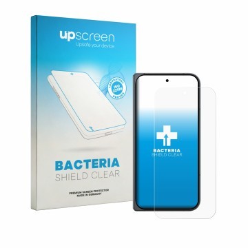 Parte frontal de un envase de producto con el logotipo de la marca upscreen. Al lado se muestra el dispositivo Google Pixel 11