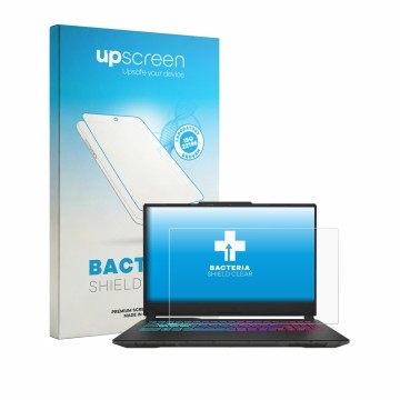 Parte frontal de un envase de producto con el logotipo de la marca upscreen. Al lado se muestra el dispositivo MSI Cyborg 15 A