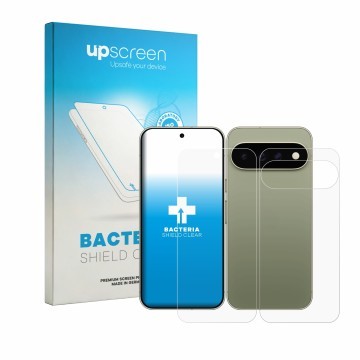 Parte frontal de un envase de producto con el logotipo de la marca upscreen. Al lado se muestra el dispositivo Google Pixel 11