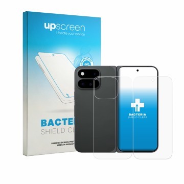 Parte frontal de un envase de producto con el logotipo de la marca upscreen. Al lado se muestra el dispositivo Google Pixel 11