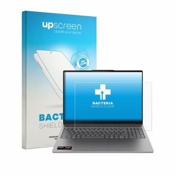 Parte frontal de un envase de producto con el logotipo de la marca upscreen. Al lado se muestra el dispositivo Lenovo IdeaPad 