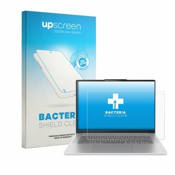 Parte frontal de un envase de producto con el logotipo de la marca upscreen. Al lado se muestra el dispositivo Lenovo IdeaPad 