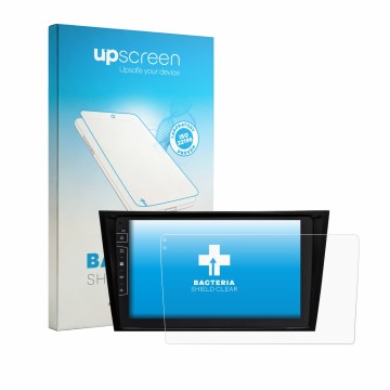 Face avant d’un emballage produit avec le logo de la marque upscreen. À côté, l’appareil Dynavin D10-W211 Premium est représen