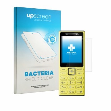 Parte frontal de un envase de producto con el logotipo de la marca upscreen. Al lado se muestra el dispositivo Nokia 200 4G co