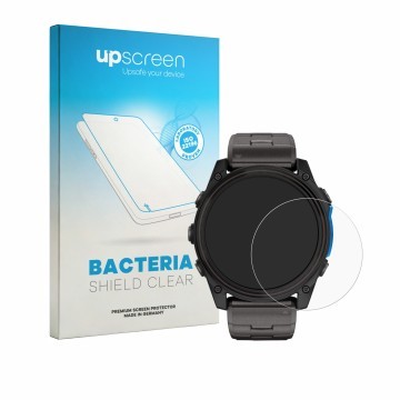 Face avant d’un emballage produit avec le logo de la marque upscreen. À côté, l’appareil Garmin D2 Mach 2 (51 mm) est représen