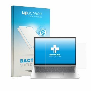Parte frontal de un envase de producto con el logotipo de la marca upscreen. Al lado se muestra el dispositivo HP EliteBook 6 