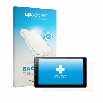 Face avant d’un emballage produit avec le logo de la marque upscreen. À côté, l’appareil Pioneer SPH-EVO98DAB-UNI est représen