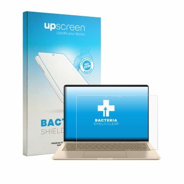Parte frontal de un envase de producto con el logotipo de la marca upscreen. Al lado se muestra el dispositivo Asus Zenbook 14