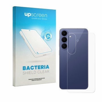 Parte frontal de un envase de producto con el logotipo de la marca upscreen. Al lado se muestra el dispositivo Samsung Galaxy 