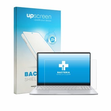 Parte frontal de un envase de producto con el logotipo de la marca upscreen. Al lado se muestra el dispositivo ASUS Chromebook