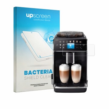 Face avant d’un emballage produit avec le logo de la marque upscreen. À côté, l’appareil Saeco GranAroma est représenté avec l