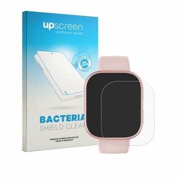 Face avant d’un emballage produit avec le logo de la marque upscreen. À côté, l’appareil Hwagol Smartwatch 1.83