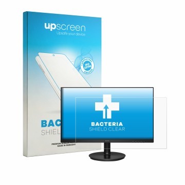 Parte frontal de un envase de producto con el logotipo de la marca upscreen. Al lado se muestra el dispositivo Philips 221v8 c