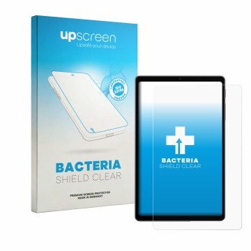 Face avant d’un emballage produit avec le logo de la marque upscreen. À côté, l’appareil Alldocube iPlay 80 mini Turbo est rep