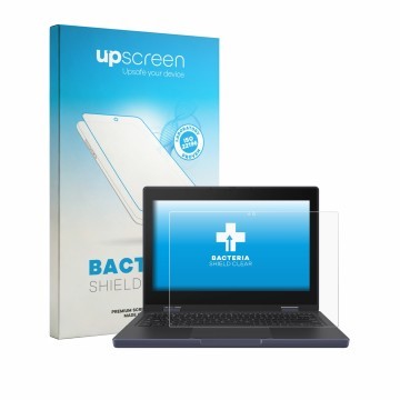 Parte frontal de un envase de producto con el logotipo de la marca upscreen. Al lado se muestra el dispositivo ASUS Chromebook