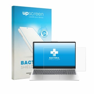 Front side of a product packaging with the brand logo upscreen. Next to it is the device HP 15-fd1731ngx shown with the corres