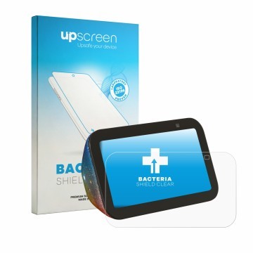 Vorderseite einer Produktverpackung mit dem Markenlogo upscreen. Daneben ist das Gerät Amazon Echo Show 5 Kids mit dem zugehör