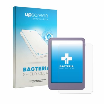 Face avant d’un emballage produit avec le logo de la marque upscreen. À côté, l’appareil Amazon Kindle 2026 est représenté ave