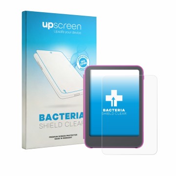 Face avant d’un emballage produit avec le logo de la marque upscreen. À côté, l’appareil Amazon Kindle Kids 2026 est représent