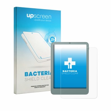 Face avant d’un emballage produit avec le logo de la marque upscreen. À côté, l’appareil Amazon Kindle Paperwhite 2026 Signatu
