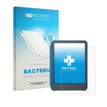 Face avant d’un emballage produit avec le logo de la marque upscreen. À côté, l’appareil Amazon Kindle Paperwhite Kids 2026 es