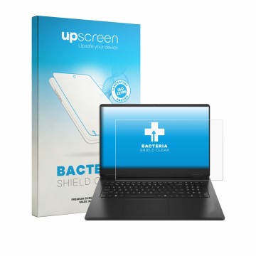Parte frontal de un envase de producto con el logotipo de la marca upscreen. Al lado se muestra el dispositivo HP Omen 17-db13