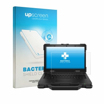 Parte frontal de un envase de producto con el logotipo de la marca upscreen. Al lado se muestra el dispositivo Dell Pro Rugged
