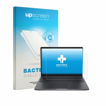 Parte frontal de un envase de producto con el logotipo de la marca upscreen. Al lado se muestra el dispositivo Dell Pro Precis