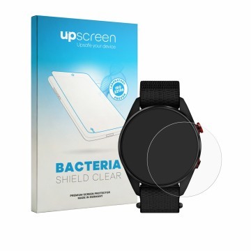 Parte frontal de un envase de producto con el logotipo de la marca upscreen. Al lado se muestra el dispositivo Garmin Approach