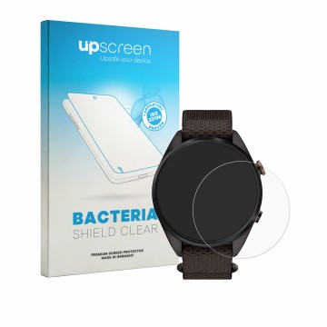 Parte frontal de un envase de producto con el logotipo de la marca upscreen. Al lado se muestra el dispositivo Garmin Approach