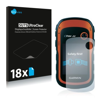 Parte frontale di una confezione del prodotto con il logo del marchio Savvies. Accanto è raffigurato il dispositivo Garmin eTr