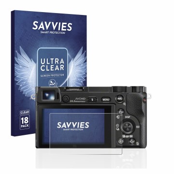 Face avant d’un emballage produit avec le logo de la marque Savvies. À côté, l’appareil Sony Alpha 6000 est représenté avec la