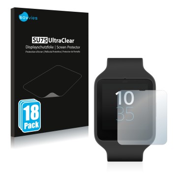 Front side of a product packaging with the brand logo Savvies. Next to it is the device Sony Smartwatch 3 SWR50 shown with the