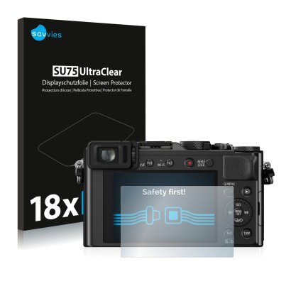 Vorderseite einer Produktverpackung mit dem Markenlogo Savvies. Daneben ist das Gerät Panasonic Lumix DMC-LX100 mit dem zugehö