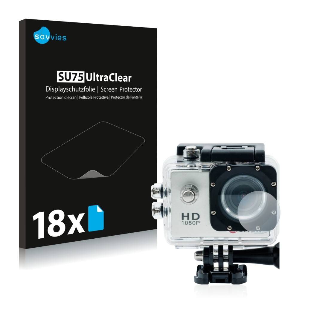 Face avant d’un emballage produit avec le logo de la marque Savvies. À côté, l’appareil Qumox SJ4000 Sports HD DV Action Cam L