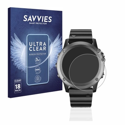 Front side of a product packaging with the brand logo Savvies. Next to it is the device Garmin Fenix 3 shown with the correspo