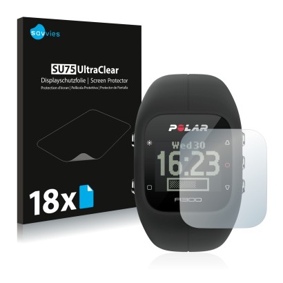 Front side of a product packaging with the brand logo Savvies. Next to it is the device Polar A300 shown with the correspondin