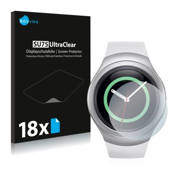 Vorderseite einer Produktverpackung mit dem Markenlogo Savvies. Daneben ist das Gerät Samsung Gear S2 mit dem zugehörigen Disp