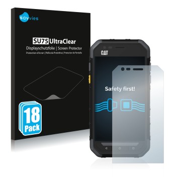 Vorderseite einer Produktverpackung mit dem Markenlogo Savvies. Daneben ist das Gerät Caterpillar Cat S30 mit dem zugehörigen 