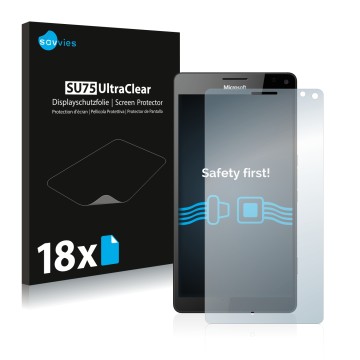 Vorderseite einer Produktverpackung mit dem Markenlogo Savvies. Daneben ist das Gerät Microsoft Lumia 950 XL mit dem zugehörig